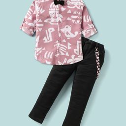 Dapper Dudes Full Sleeves Abstract Printed Shirt With Bow Pant & Suspender Set - Peach-image-25