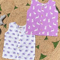 The Mom Store Cotton Pack Of 2 Sleeveless Rabbit & Sloth Printed Jhablas - Multi Colour-image-52