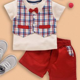 Wonderchild Half Sleeves Solid Tee With Shorts & Attached Checked Waistcoat & Bow - Red-image-72