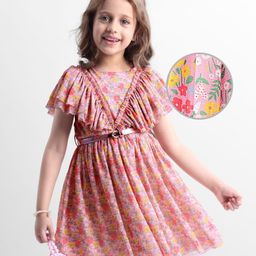 Hola Bonita Knitted Half Flutter Sleeves Dress with Floral Print & Waist Belt - Pink-picture-23