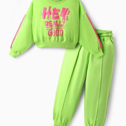 Ollington St. Cotton Knit Full Sleeves Printed Sweatshirt & Joggers Set - Lime Green-image-110