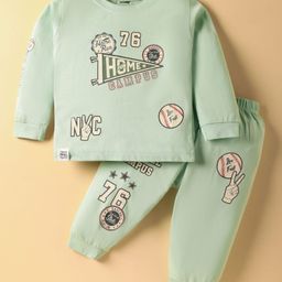 CUCUMBER Sinker Knit Full Sleeves T-Shirt & Joggers Set With Home Campus Text Print - Light Green-image-8