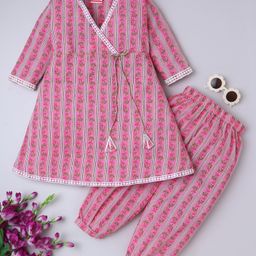 BAATCHEET Cotton Woven Three Fourth Sleeves Floral Printed Angrakha Kurti With Coordinating Pant Set - Pink-23