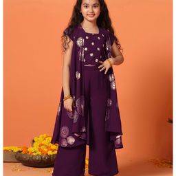 Fashion Dream Georgette Knit Floral Embroidered Sequins Embellished Crop Top & Palazzo With Cap Sleeves Jacket Set - Wine-image-13
