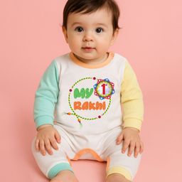 The Peppy Tend 100% Cotton Knit Rakshabandhan Theme Full Sleeves My 1st Rakhi Text Printed Romper - Multi Colour-image-66