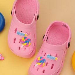 Yellow Bee Solid Perforated Slingback Clogs With Candy Charms - Pink-picture-41