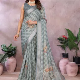 KALINI Green Printed Linen Blend Jamdani Sarees-picture-41