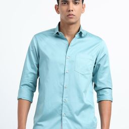 U.S. PITCHERS Men Smart Slim Fit Spread Collar Solid Satin Casual Shirt-image-81