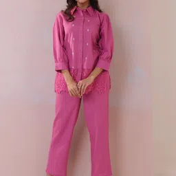 AUTUMN LANEFloral Embroidery Lace Work Pure Cotton Shirt With Trousers-picture-17