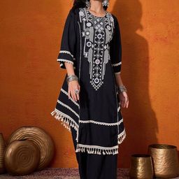 DIVASTRI Women Embroidered Regular Mirror Work Kurta with Palazzos-picture-1