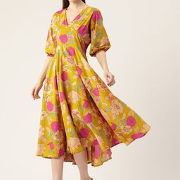 FERANOID Floral Print Puff Sleeves Pure Cotton Empire Midi Dress-image-63