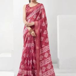 Satrani Pink Geometric Print Saree With Unstitched Blouse-image-95