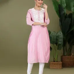 Cotton Culture Light Pink Chanderi Silk Floral Kurti-picture-20