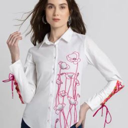 SHAYE White & Pink Cotton Embroidered Shirt-image-19
