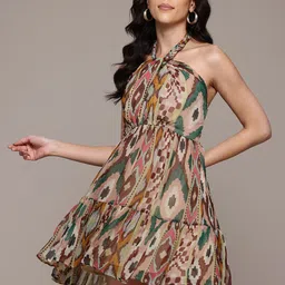 Label Ritu Kumar Printed Halter Neck Chiffon Fit & Flare Dress-34