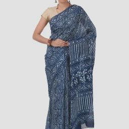 Kalakari India Blue Cotton Printed Saree With Unstitched Blouse-image-87