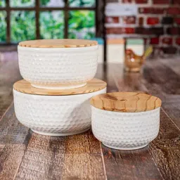 White gold White Porcelain Round Bowl With Lid - Set of 3-10