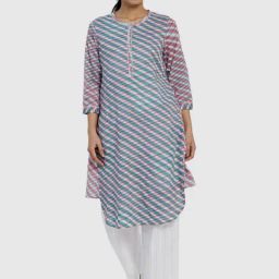 Fabindia Pink & Blue Cotton Chequered A Line Kurta-image-20