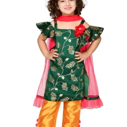 Saka Designs Kids Green & Mustard Printed Kurti with Pants & Dupatta-image-15