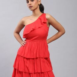 Label Ritu Kumar Red Viscose Solid Fit & Flare Short Dress image 4