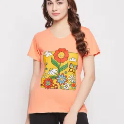 Clovia Peach Printed T-Shirt-image-30