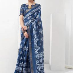 Satrani Navy Geometric Print Saree With Unstitched Blouse-image-4