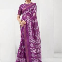 Satrani Purple Geometric Print Saree With Unstitched Blouse-image-4