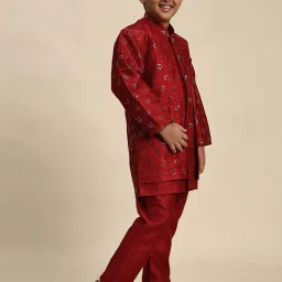 Pro-Ethic Style Developer Boys Red Sequence Full Sleeves Self Design Indowestern Sets image 4