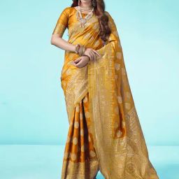 Satrani Yellow Art Silk Woven Saree With Unstitched Blouse-image-12