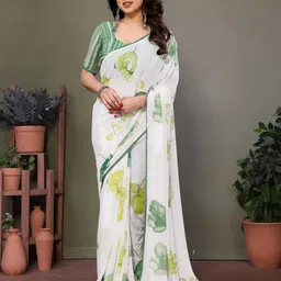 VILLAGIUS Floral Embroidered Pure Georgette Block Print Saree-picture-8