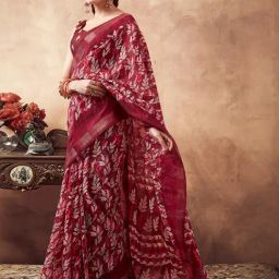 Satrani Maroon Floral Print Saree With Unstitched Blouse-image-14