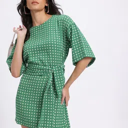 glitchez Printed Waist Tie-Up Mini A-Line Dress-image-23