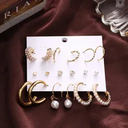 PolluxCraft Korean Set Of 9 Gold-Plated Pearls Circular Shaped Hoop Earrings-4