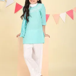 Fabindia Girls Ethnic Motifs Embroidered Regular Chikankari Pure Cotton Kurta with Trousers & With Dupatta-picture-36