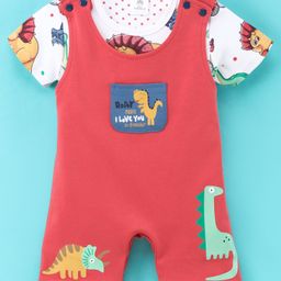 Mini Taurus Half Sleeves Tee & Dungaree Style Romper Dino Print- Red & White-image-71