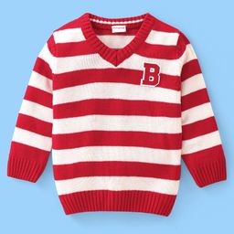Babyhug 100% Acrylic Knit Full Sleeves Striped Pullover Sweater with B Applique - Red & White-image-103