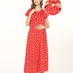 Bella Mama 100% Cotton Knit Half Sleeves Maternity Nighty With Concealed Zipper Floral Print - Red-picture-41