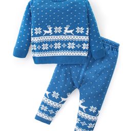 Babyhug Full Sleeves Sweater Set Reindeer Design - Blue-image-96