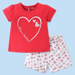 Babyhug Cotton Knit Half Sleeves Night Suit with Heart Print - Red & White-image-71