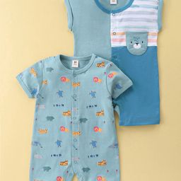 ToffyHouse Cotton Knit Half Sleeves Rompers Animal Print Pack of 2  - Bondi Blue-image-83