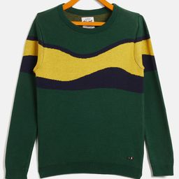 RVK Full Sleeves Abstract Designed Colour Blocked Cotton Pullover Sweater - Olive Green-image-39