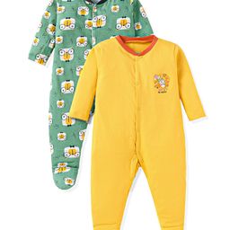 OHMS Single Jersey Knit Full Sleeves Sleep Suits With Animals Print Pack Of 2 - Yellow & Green-image-73