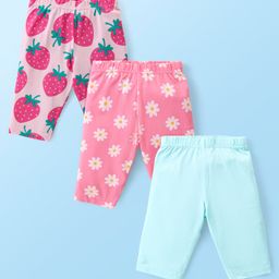Babyhug Cotton Lycra Knit Three Fourth Leggings with Solid Floral & Strawberry Print Pack of 3 - Blue & Pink-image-37