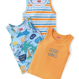 Babyhug 100% Cotton Knit Sleeveless Sando With Stripes & Beach Theme Print Pack of 3 - Multicolor-14
