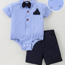 Mark & Mia Half Sleeves Printed Onesie & Shorts Set with Bow - Sky Blue-image-82