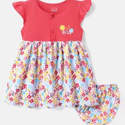 Babyhug Single Jersey Knit Cap Sleeves Frock with Bloomer & Floral Print - Red-image-18
