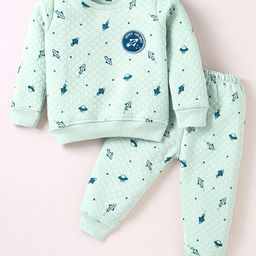 Simply Knit Full Sleeves Winter T-Shirt & Lounge Pant Set With Space Theme Print - Light Green-picture-12