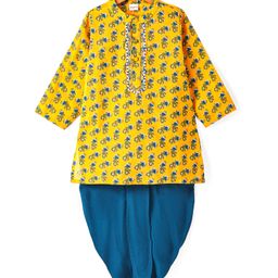 Babyhug Cambric Woven Full Sleeves Floral Printed Kurta Dhoti Set - Mustard & Blue-image-80