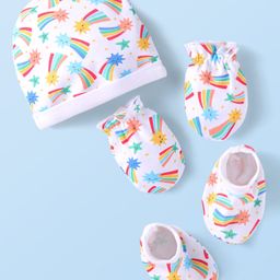 Babyhug Interlock Knit Cap Mittens & Booties Set with Stars Print White - Diameter 12 cm-picture-18