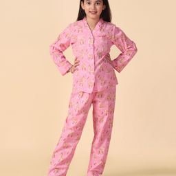 Piccolo Cotton Woven Full Sleeves Deer Printed Coordinating Night Suit Set With Flip Flops - Pink-image-58